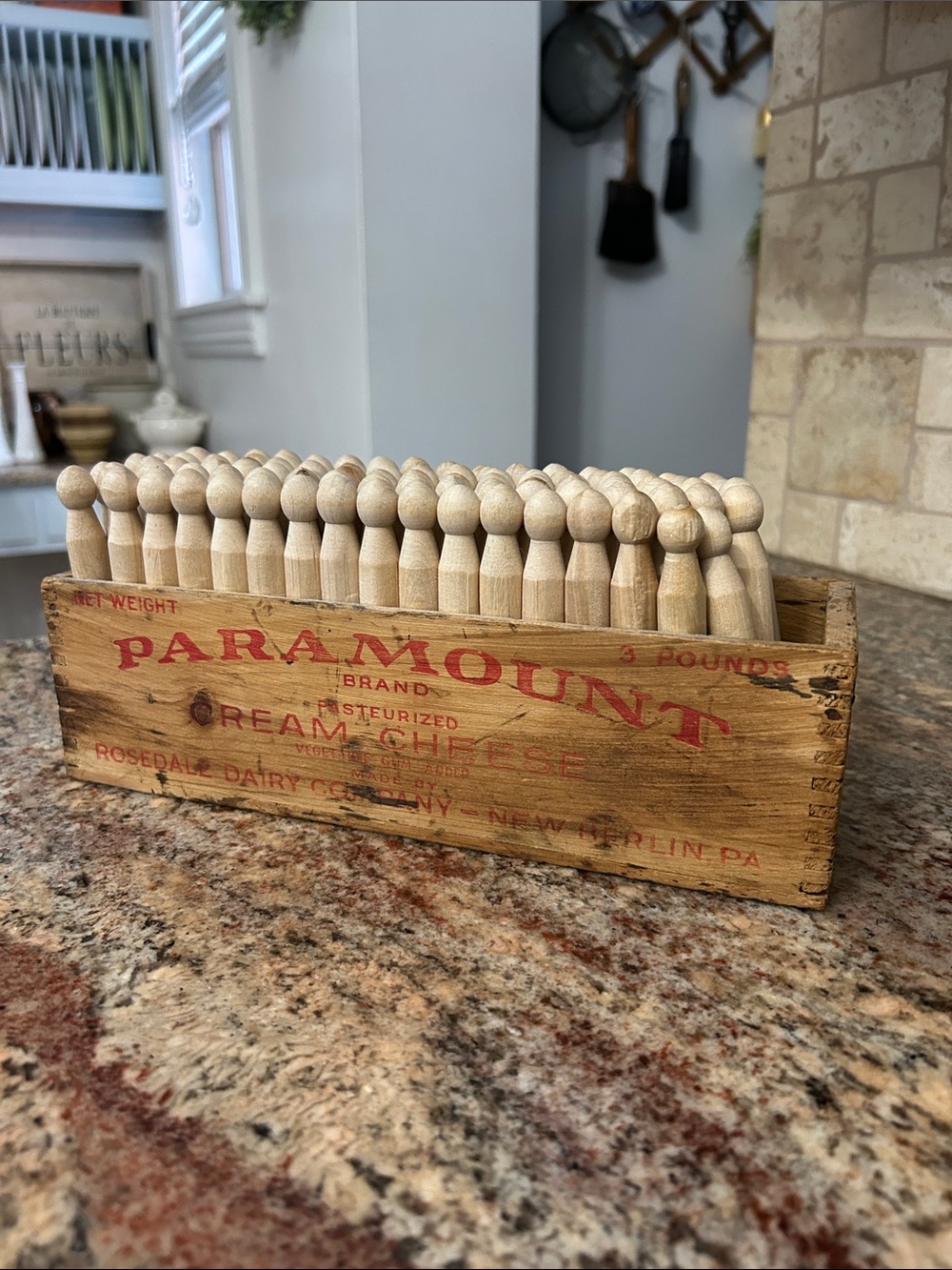 Vintage Paramount Wooden Cheese Crate with New Wooden Clothespins